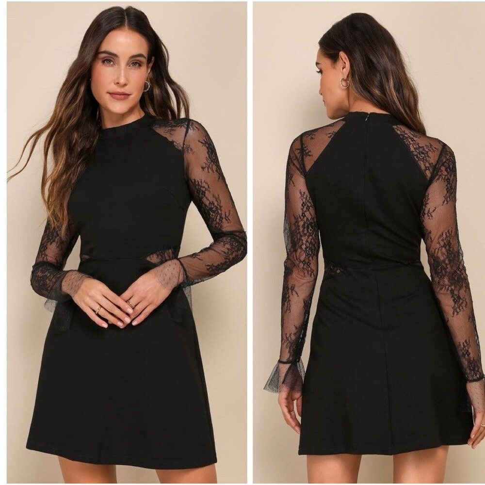Lulus Bragging Rights Black Lace Long Sleeve Skater Dress Size XS Goth Grunge